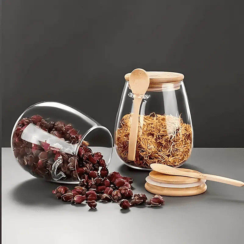Clear Glass Canister with Bamboo Lid & Spoon for Pantry Organization Coffee Beans Loose Tea Dry Goods Kitchen Counter Storage Jar Airtight S