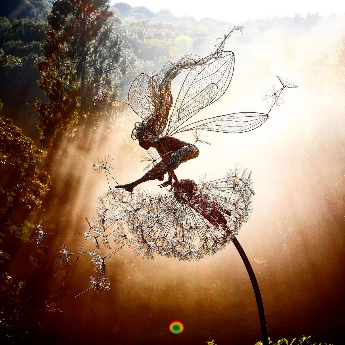 Metal Fairy Garden Stakes with Dandelion Flowers for Outdoor Yard Decoration | Whimsical Lawn Ornaments for Spring Summer Gardens & Flower