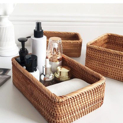 Handwoven Rattan Organizer Tray Natural Basket for Shelves Countertops Drawers Kitchen Bathroom Bedroom Storage Solution Brown Wicker Bin fo