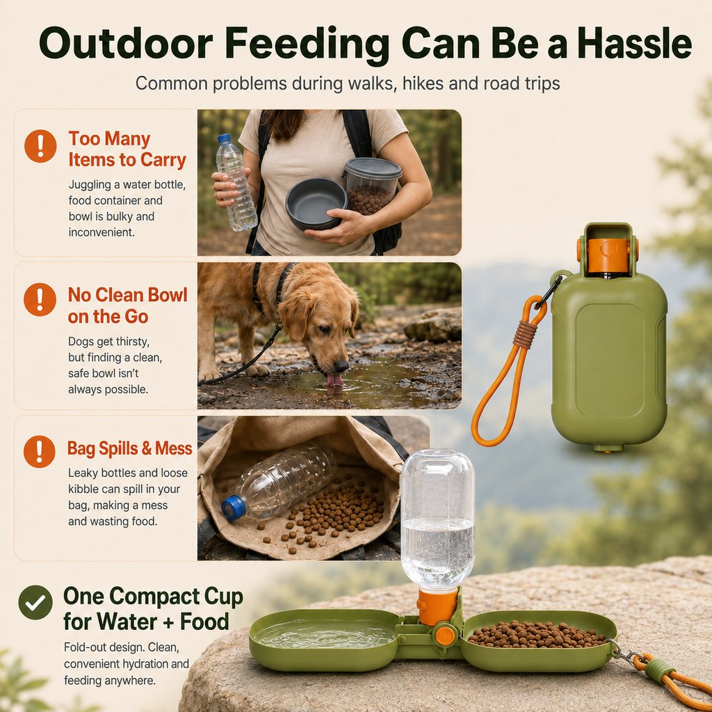 Ortekor Portable Folding Pet Water & Food Cup for Walks & Hiking - 15.6 oz Leak-Resistant Dog & Cat Travel Bottle Bowl