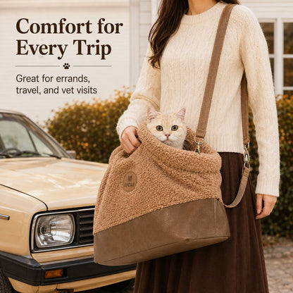 Ortekor Winter Sherpa Pet Carrier Bag for Walks & Vet Visits - Stable Bottom, Secure Handheld Shoulder Tote for Cats & Small Pets