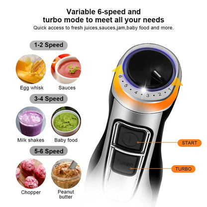 4-in-1 Immersion Blender with 1200W Motor & 6-Speed Control – Hand Blender Set with Chopper, Whisk & Cup for Soups, Smoothies, Sauces