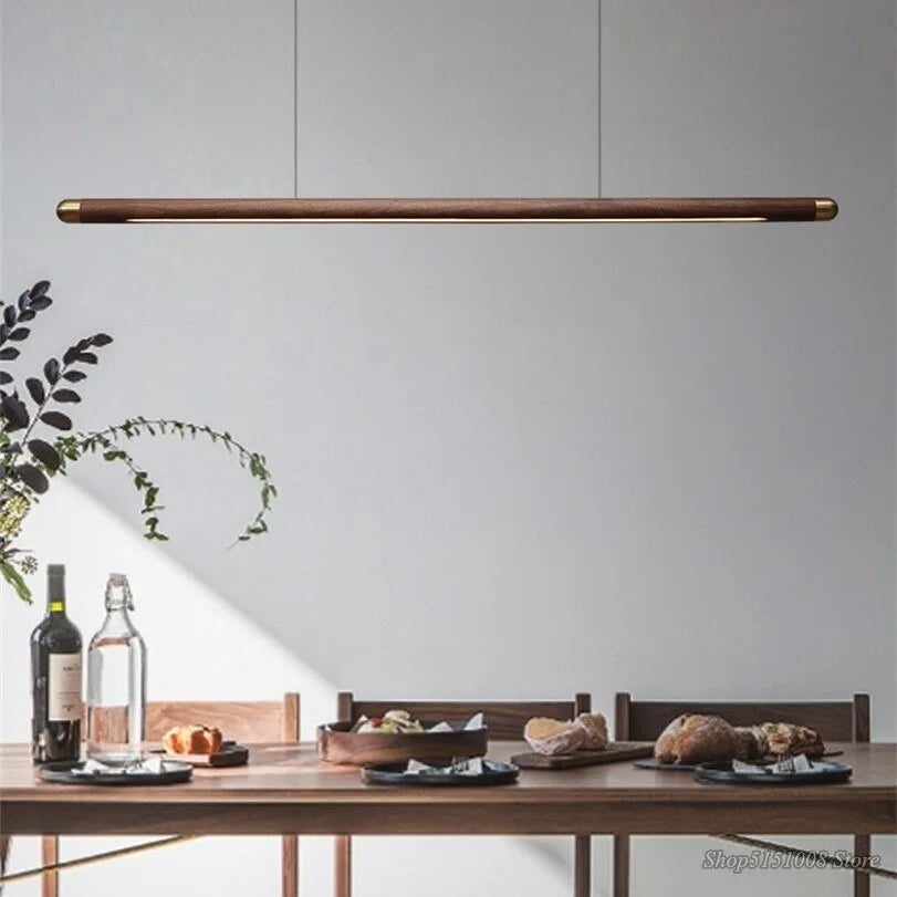 Wooden Linear Suspension Fixture 43 Inch Overhead Lighting for Kitchen Counter & Dining Area Warm Glow Adjustable Height