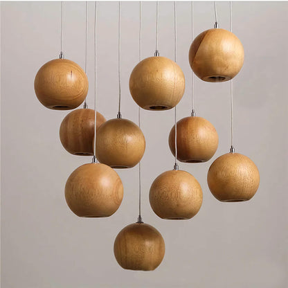 Wooden Globe Drop Ceiling Fixture 4-Inch Walnut Finish for Kitchen Island Dining Room Entryway Adjustable Cord Multi-Cluster Compatible Warm