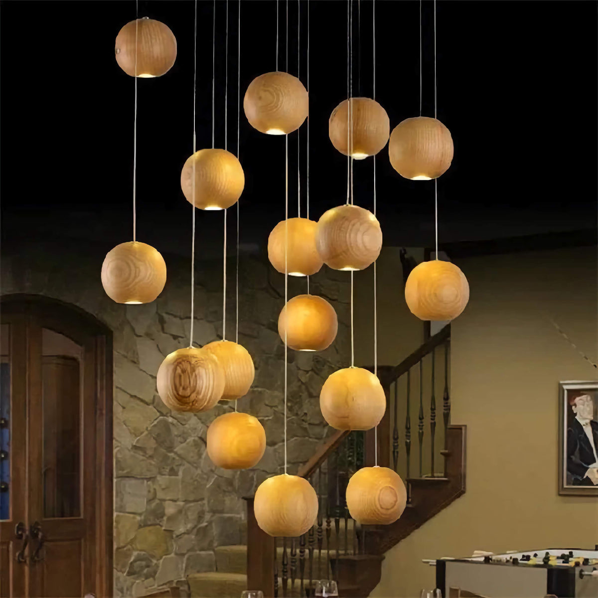 Wooden Globe Drop Ceiling Fixture 4-Inch Walnut Finish for Kitchen Island Dining Room Entryway Adjustable Cord Multi-Cluster Compatible Warm