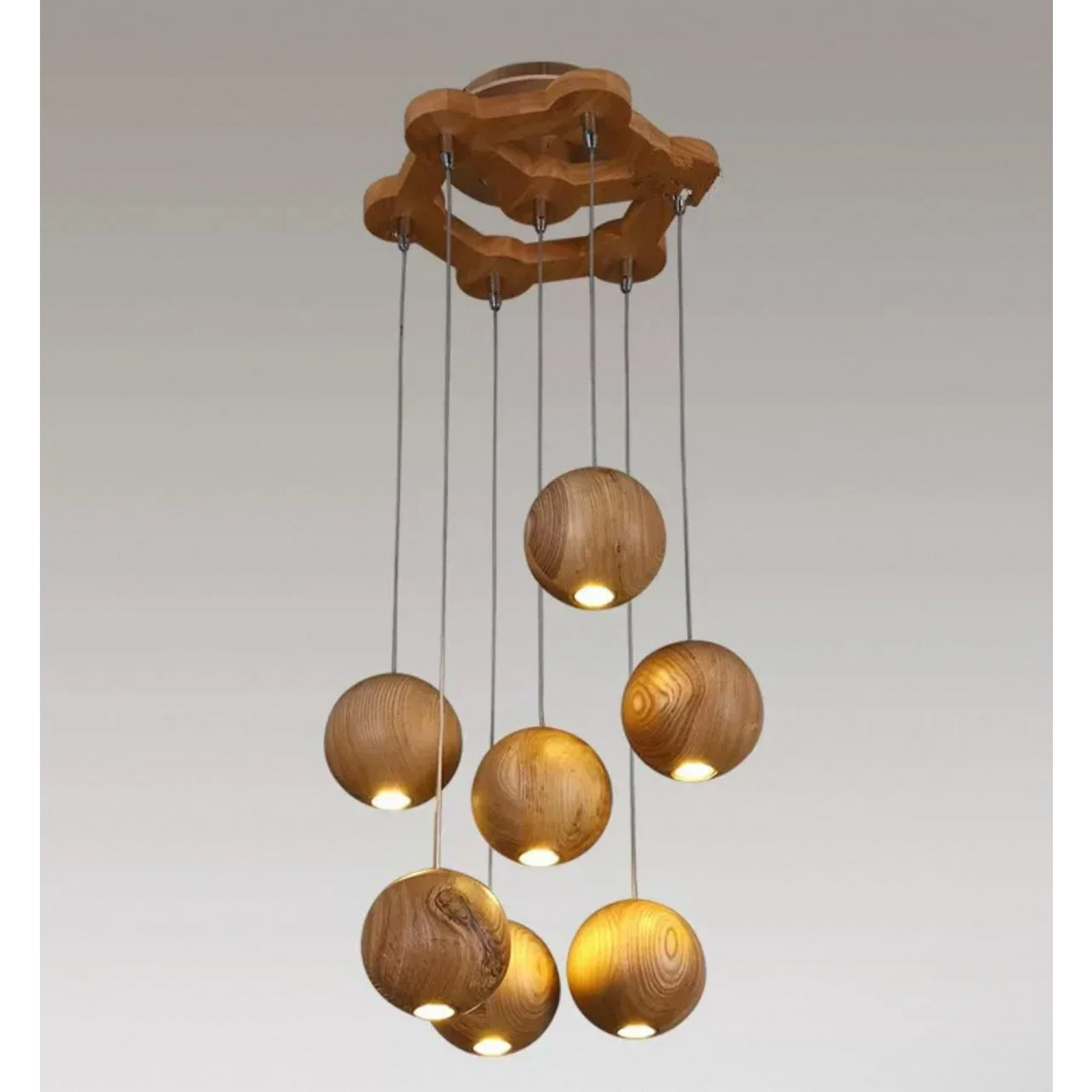 Wooden Globe Drop Ceiling Fixture 4-Inch Walnut Finish for Kitchen Island Dining Room Entryway Adjustable Cord Multi-Cluster Compatible Warm
