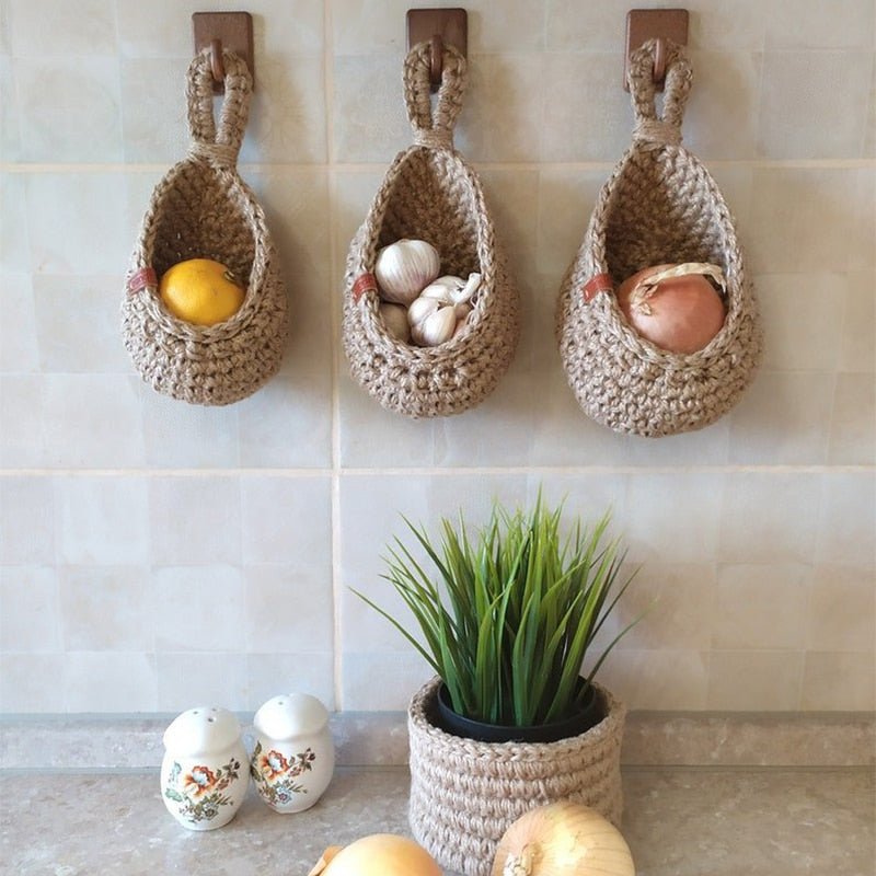 Wall-Mount Rope Produce Organizer 14-Inch Natural Fiber Storage for Fruits Vegetables Kitchen Pantry Rustic Farmhouse Decor