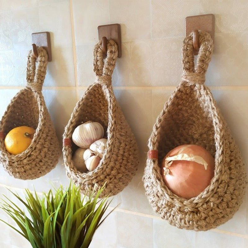 Wall-Mount Rope Produce Organizer 14-Inch Natural Fiber Storage for Fruits Vegetables Kitchen Pantry Rustic Farmhouse Decor