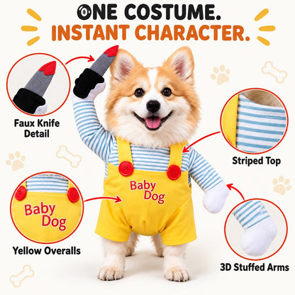 Ortekor Funny Horror Doll Dog Halloween Costume with Faux Knife - 3D Party & Photo Outfit for an Instant Spooky Look