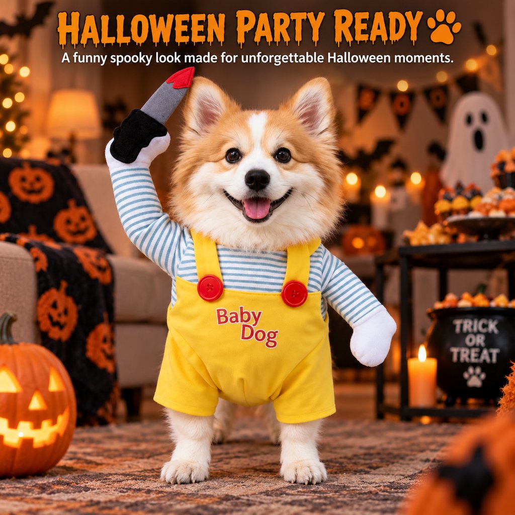 Ortekor Funny Horror Doll Dog Halloween Costume with Faux Knife - 3D Party & Photo Outfit for an Instant Spooky Look