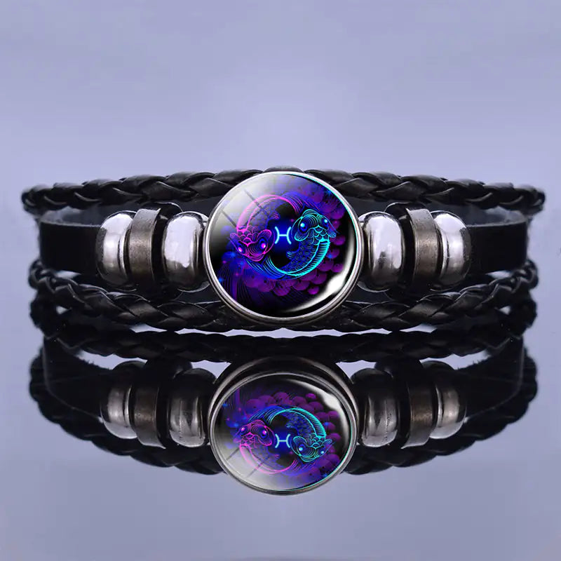 Astrological Sign Leather & Gemstone Bracelet – Handwoven Lapis & Sodalite Jewelry for Men & Women
