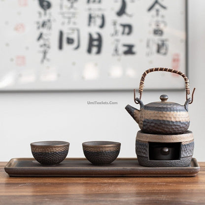 Handcrafted Ceramic Teapot Set with Warmer and Serving Tray for Mindful Tea Rituals, Japanese-Inspired Design for Green Tea, Herbal Blends,