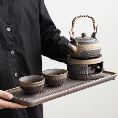 Handcrafted Ceramic Teapot Set with Warmer and Serving Tray for Mindful Tea Rituals, Japanese-Inspired Design for Green Tea, Herbal Blends,